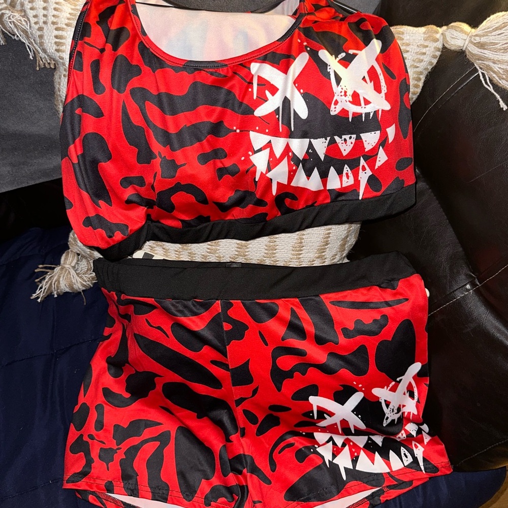 Red and Black Graphic Two-Piece Set